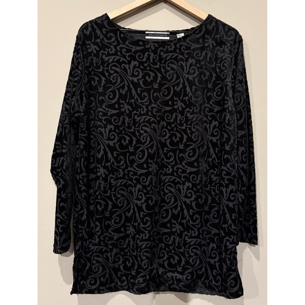Womens Black Paisley Long Sleeve Dark Fairy Whimsigoth Velvet Burnout Top Sz S